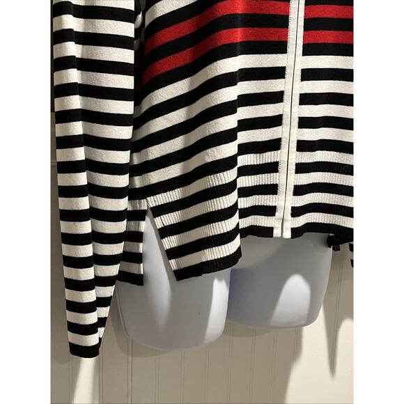 Misook Zipper Front BLACK RED WHITE STRIPE Cardigan M - Picture 2 of 7